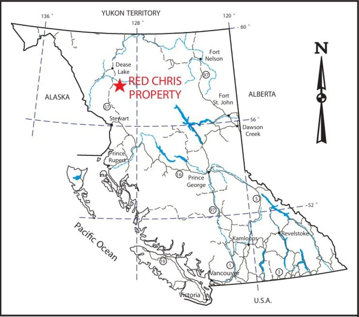 A map of B.C., with a red star labeled 'Red Chris Property' in the north.