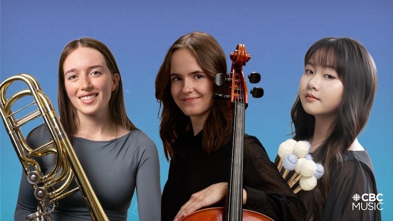Three young musicians pose with their instruments against a blue backdrop.