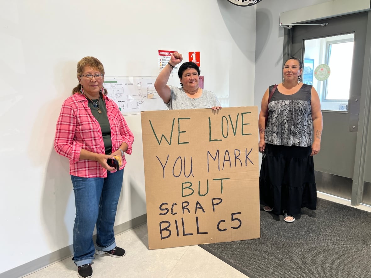 Three women stand together, with one in the middle holding a sign saying "We love you Mark but scrap Bill C-5"