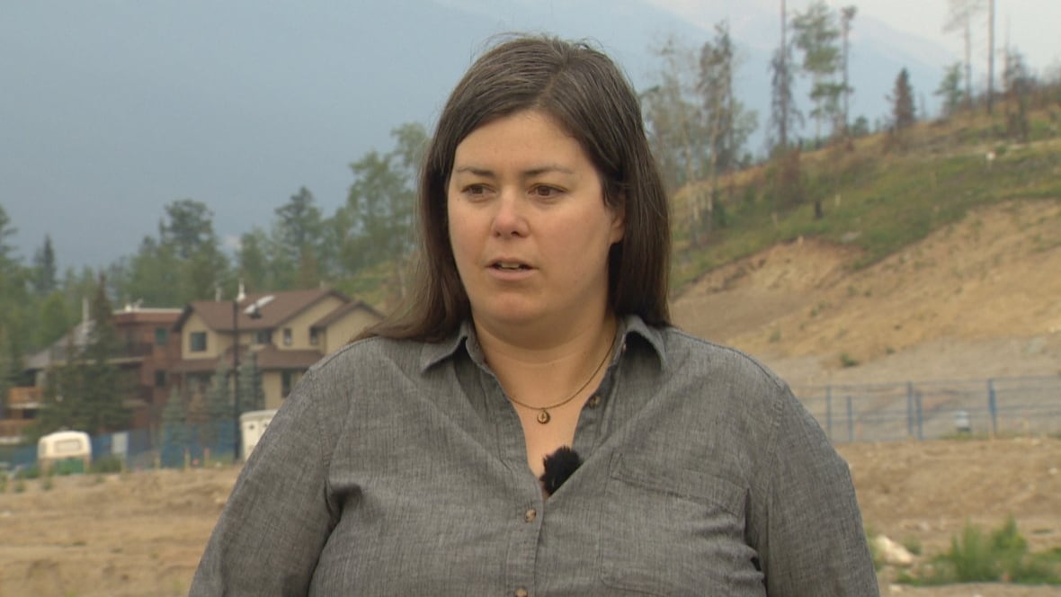 A woman stands in a burnt out neighbourhood.