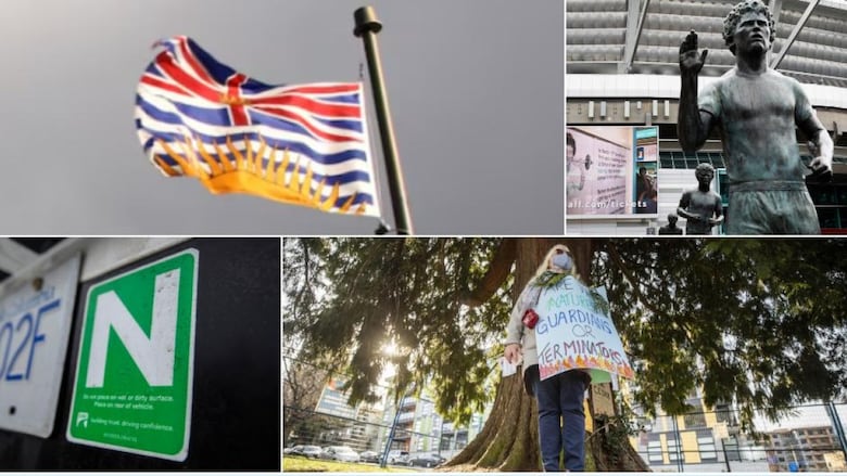 A collage consisting of the N licence plate, the B.C. flag, a Terry Fox statue and an environmental protester.