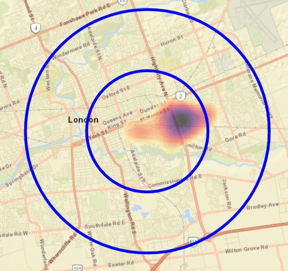 This heat map created by the MLHU, dated Jul. 22, shows the concentration of legionnaires' disease cases in the city. The inner blue circle represents a 3-kilomtre and the outer blue circle represents a 6-kilometre radius around the average location of all home addresses for reported cases, helping to illustrate where most cases are generally residing.