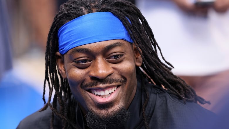 Oklahoma City Thunder guard Luguentz Dort gives an interview after a practice, Wednesday, June 4, 2025, ahead of Game 1 of the NBA Finals basketball series against the Indiana Pacers in Oklahoma City. 