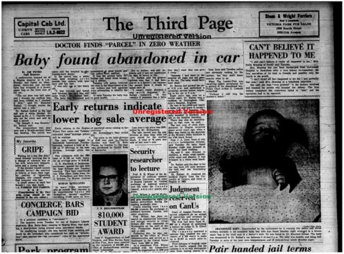 An old newspaper headline reads, 'Baby found abandoned in car.'