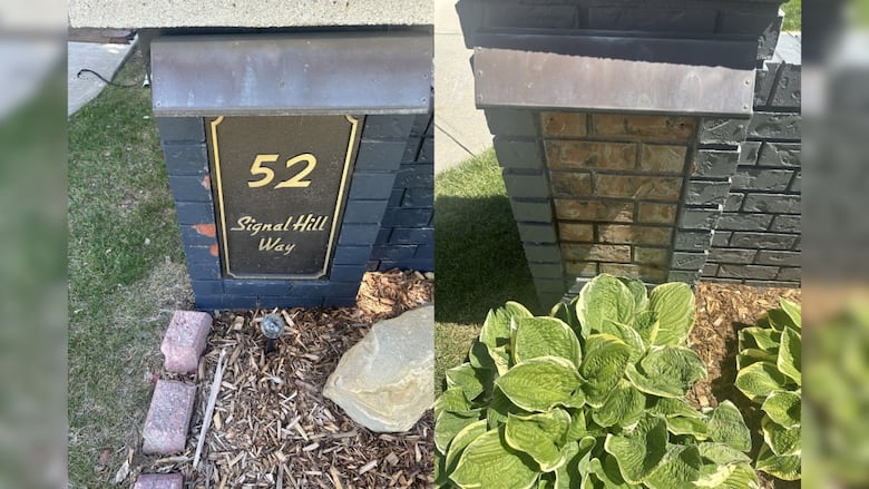 A brass address sign next to a brick post with no sign.