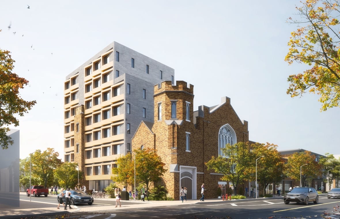 bir apartman binasına bağlı bir kilisenin çizimi
