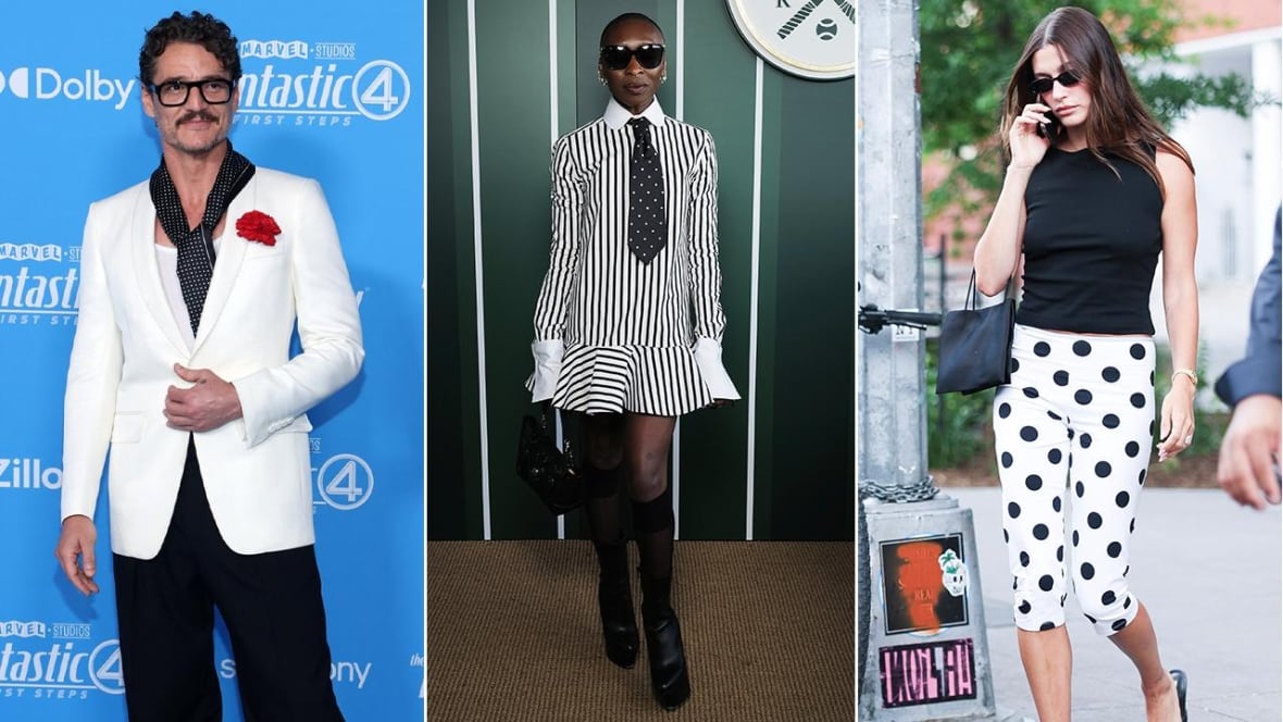 Left to right: a man wearing a polka dot silk scarf; a woman wearing a polka dot tie; a woman wearing polka dot capris.