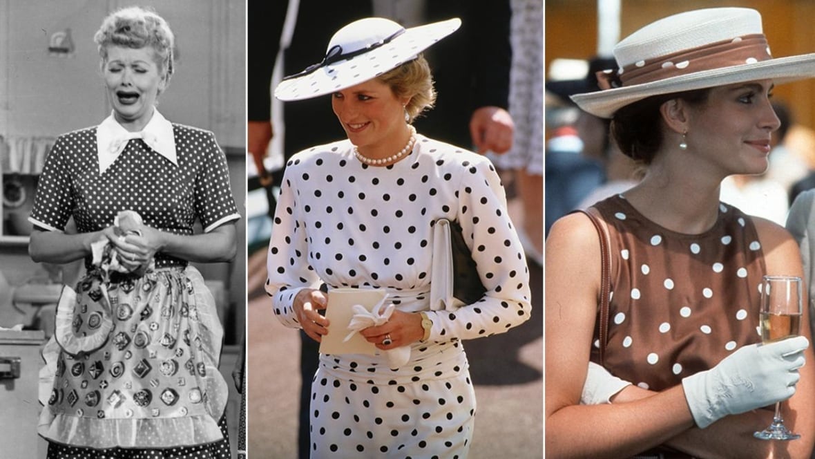 3 woman wearing polka dot dresses.