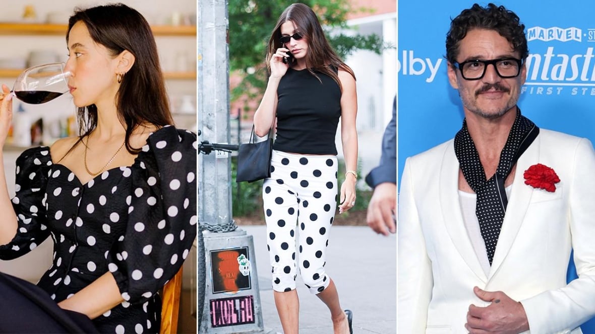 left to right: a woman wearing a polka dot blouse, a woman wearing polka dot capris, and a man wearing a polka dot silk scarf.