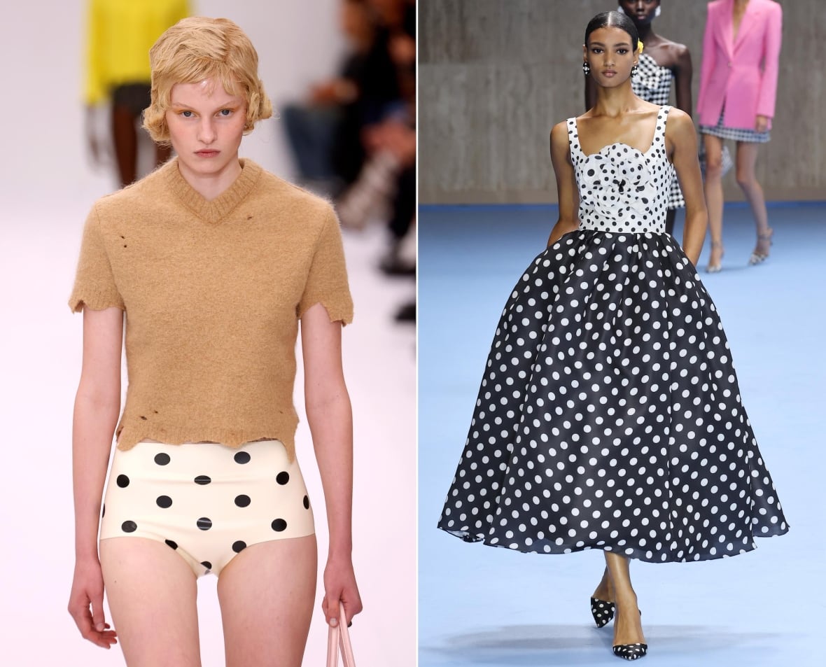 Left to right: a model wearing a short-sleeve sweater and polka dot short shorts; a model wearing a polka dot ballgown.
