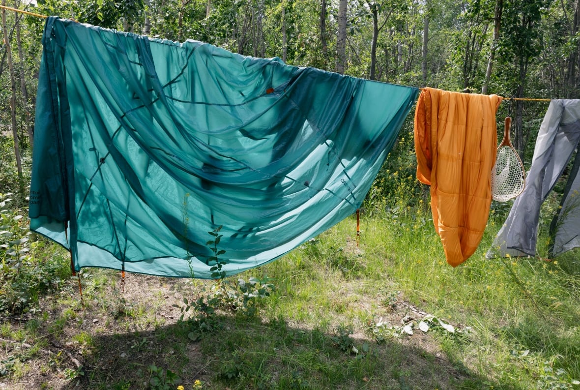 Part of a tent, a sleeping bag and other camping gear is draped over a clothes line to dry in the sun.