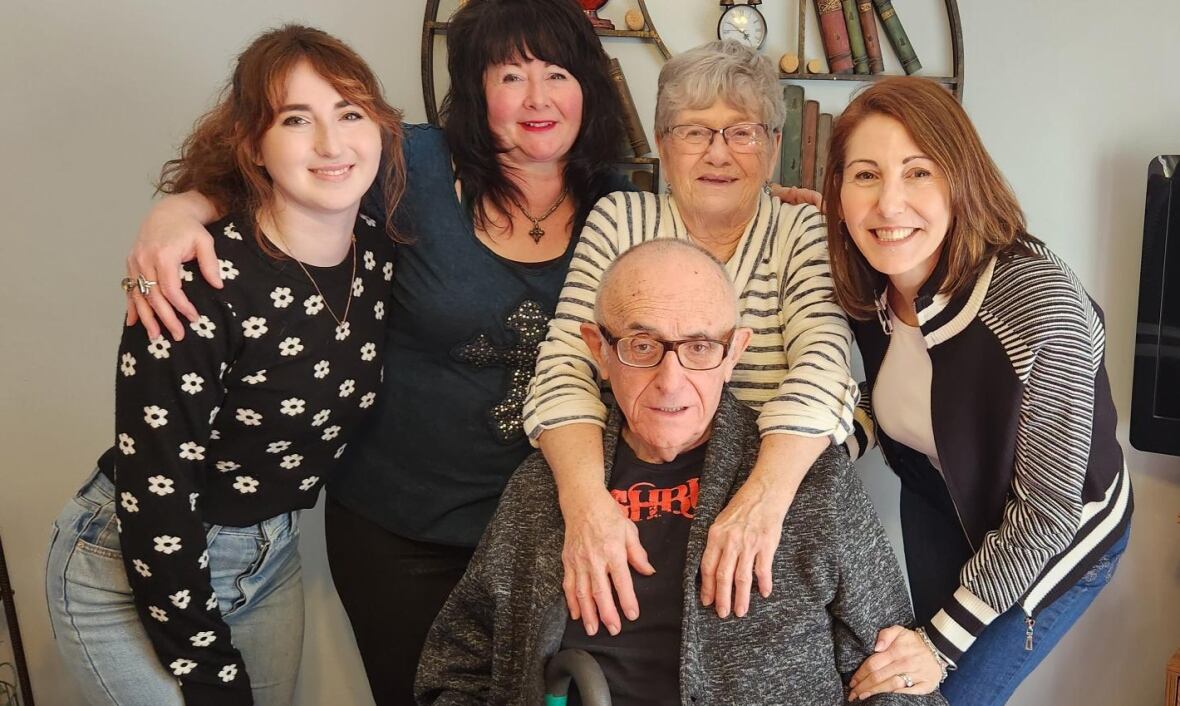 Photos of three smiling women, arm in arm, with an older man seated in front of them. 
