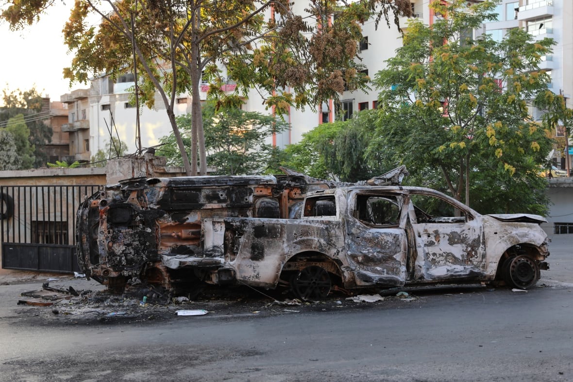 Two burned cars live on a tree with a tree.