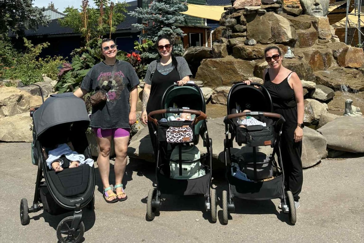 Three women, each with a stroller in front of them, stand and smile at the camera