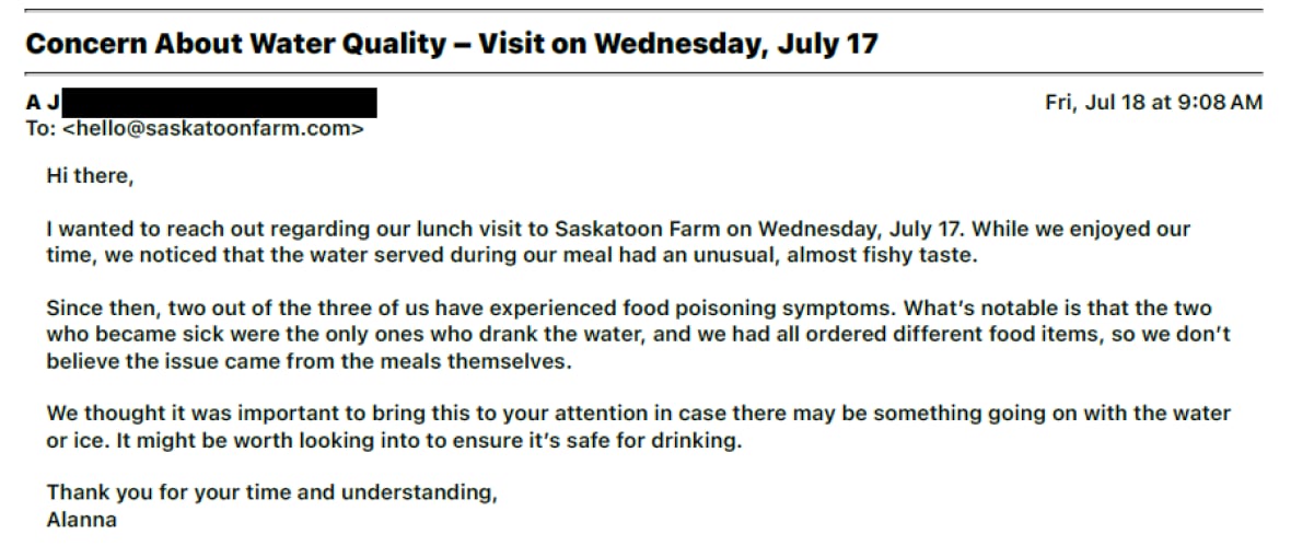 A screenshot of an email explaining concerns about water quality.