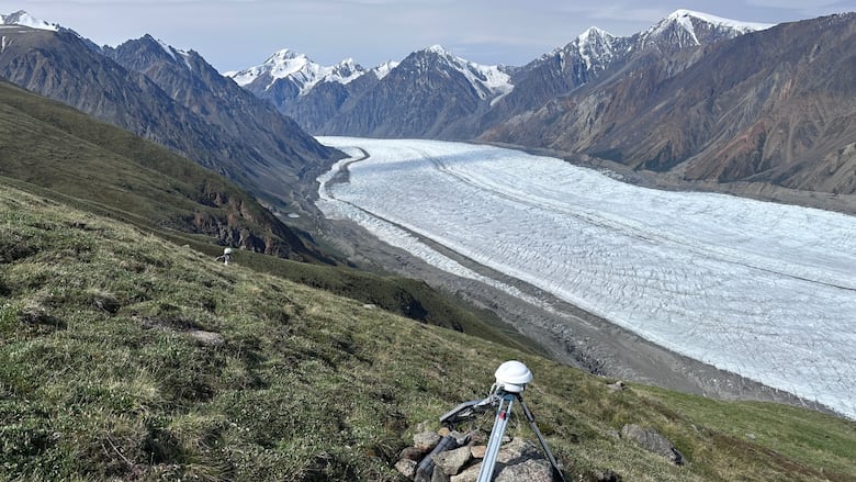 A photo of a glacier in a valley with mountains on either side. 