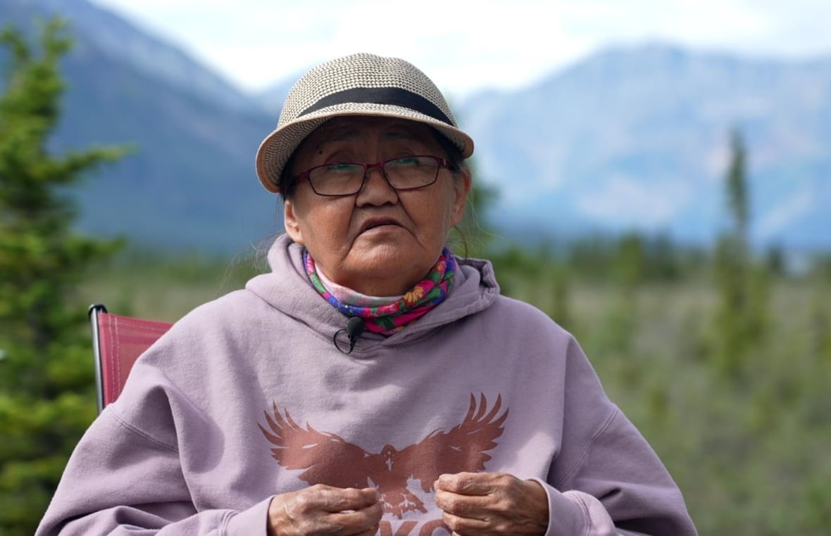 A woman in a hat and pink sweater sitting down with mountains in the background.