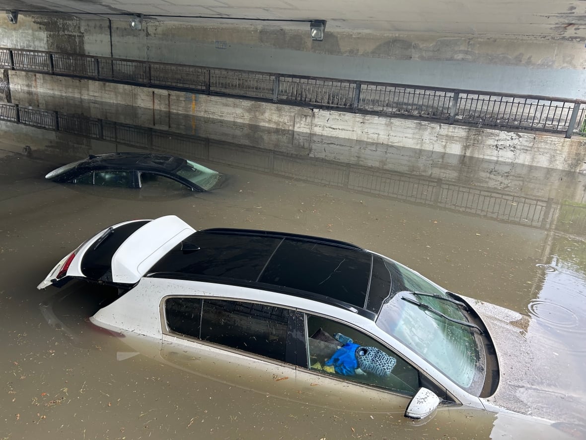 A pair of vehicles submerged in rain water in an underpass.