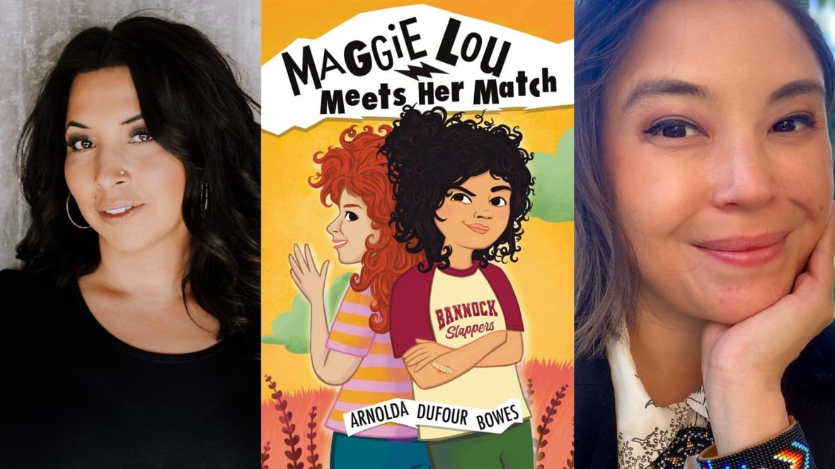 A composite image featuring a woman wearing a black t-shirt, a book cover with two girls with curly hair with their backs against each other, and another author picture of a woman smiling with her hand holding her chin. 