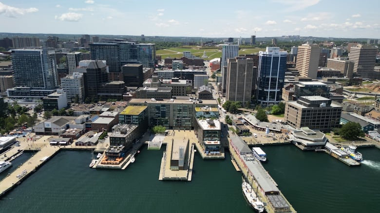 A city waterfront is shown.