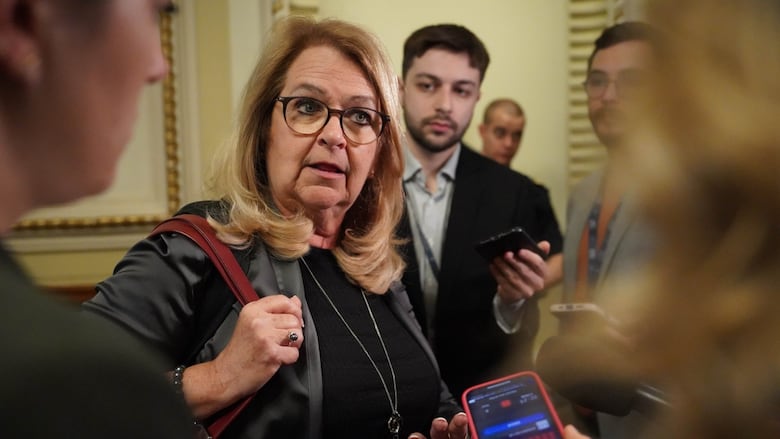 A politician talking to journalists. 