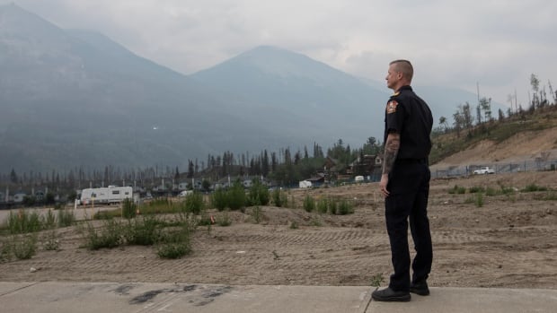 A man in a black uniform overlooks a barren landscape that has been devastated by wildfire. Mountains with clouds around them are seen in the distance.