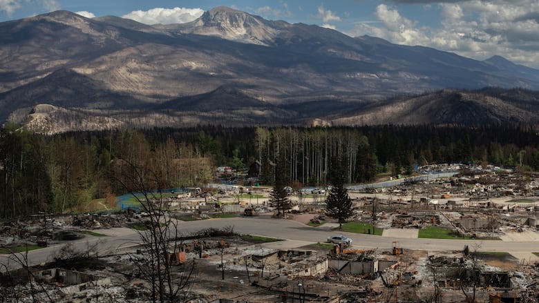 A barren neighborhood destroyed by wildfire is visible in this picture. Mountains covered in burned trees are visible in the background.
