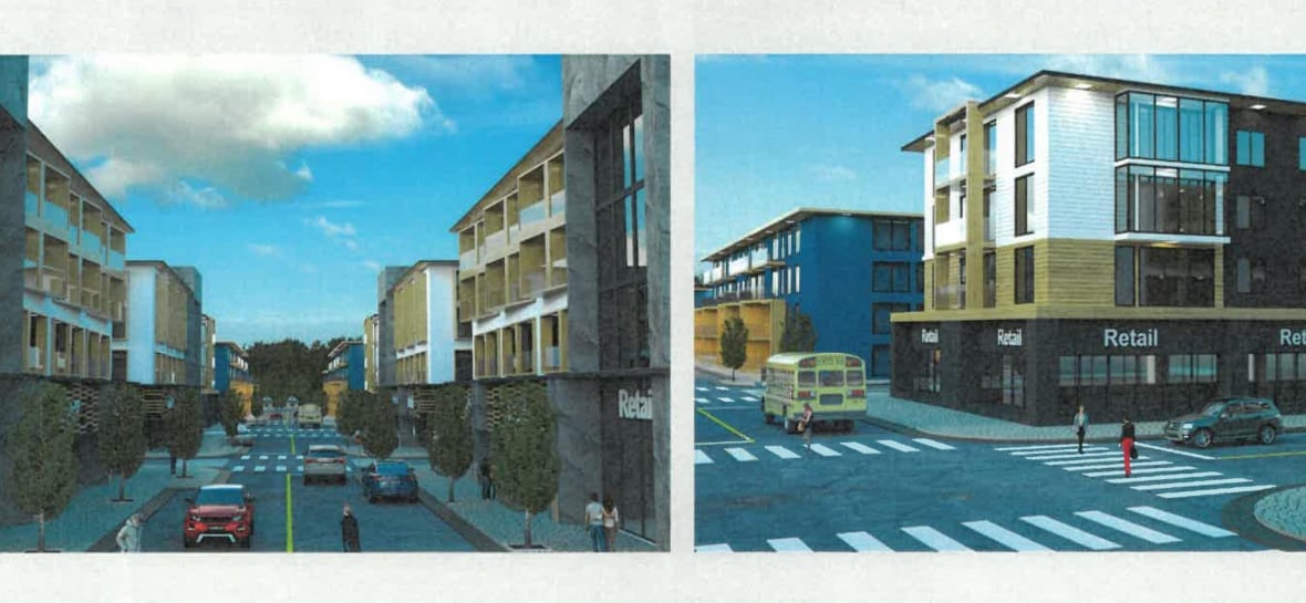 A computer drawing of a streetscape with apartment buildings and shops.