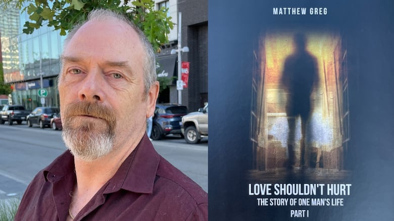 Portrait of man on a downtown street and a cover of a book