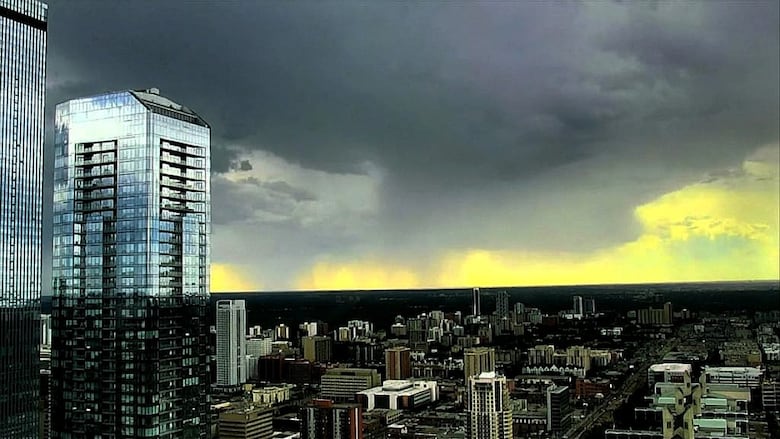 A thunderstorm over a city skyline