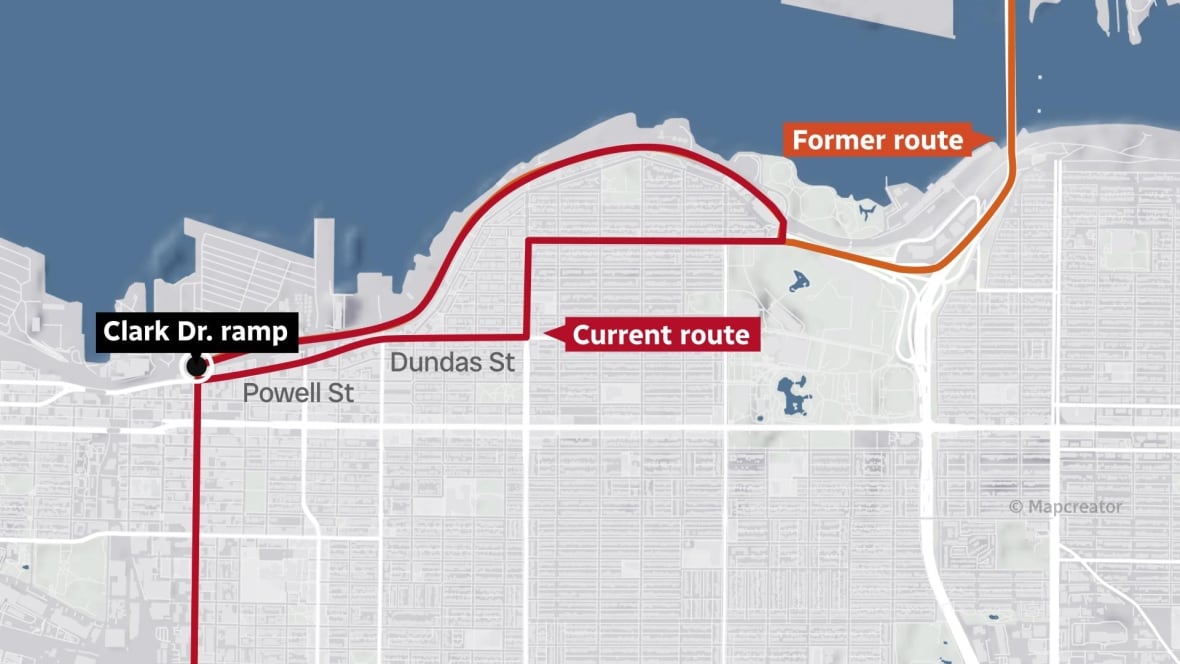 A map of Vancouver shows the new route northbound trucks take from the Port of Vancouver, which cuts through a residential neighbourhood.