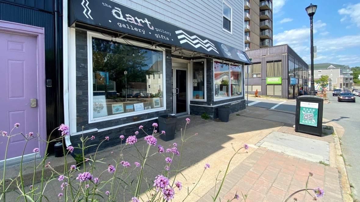 A gallery shop front is seen from the sidewalk with a large glass window below a black awning with the words 'The dart gallery and gifts' on it, beside a white chevron design. Purple flowers in a planter are in the foreground