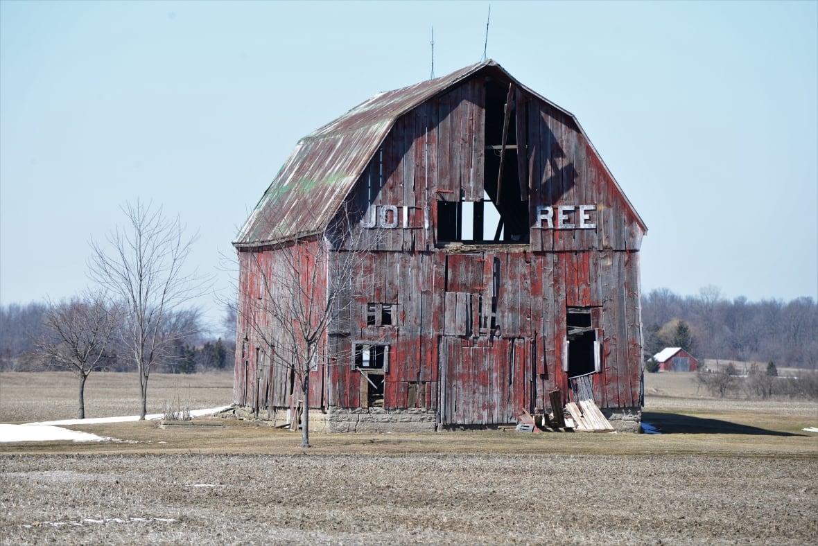 A photograph of an old barn in St Thomas that has been torn down. It was red and grey in colour.