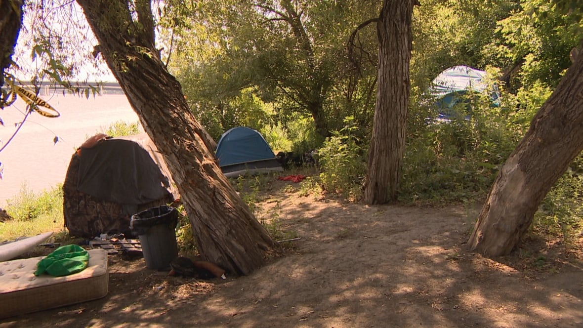 Three tents set up along a riverbank
