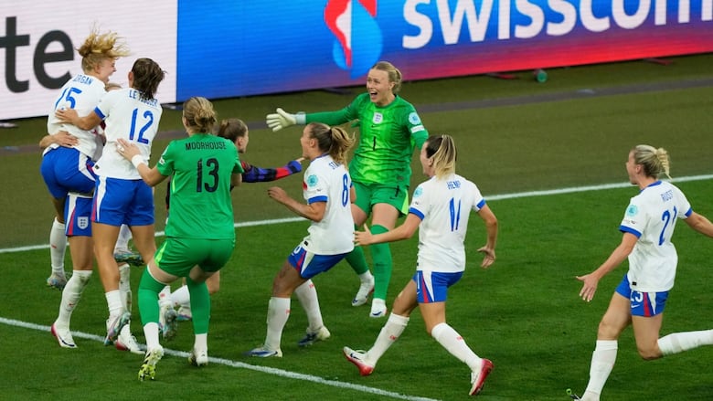 Women's soccer players celebrate after a win.
