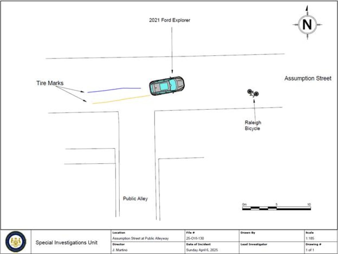 An investigative document from Ontario's Special Investigations Unit outlining the area where a Windsor police cruiser struck a bicycle in April 2025.
