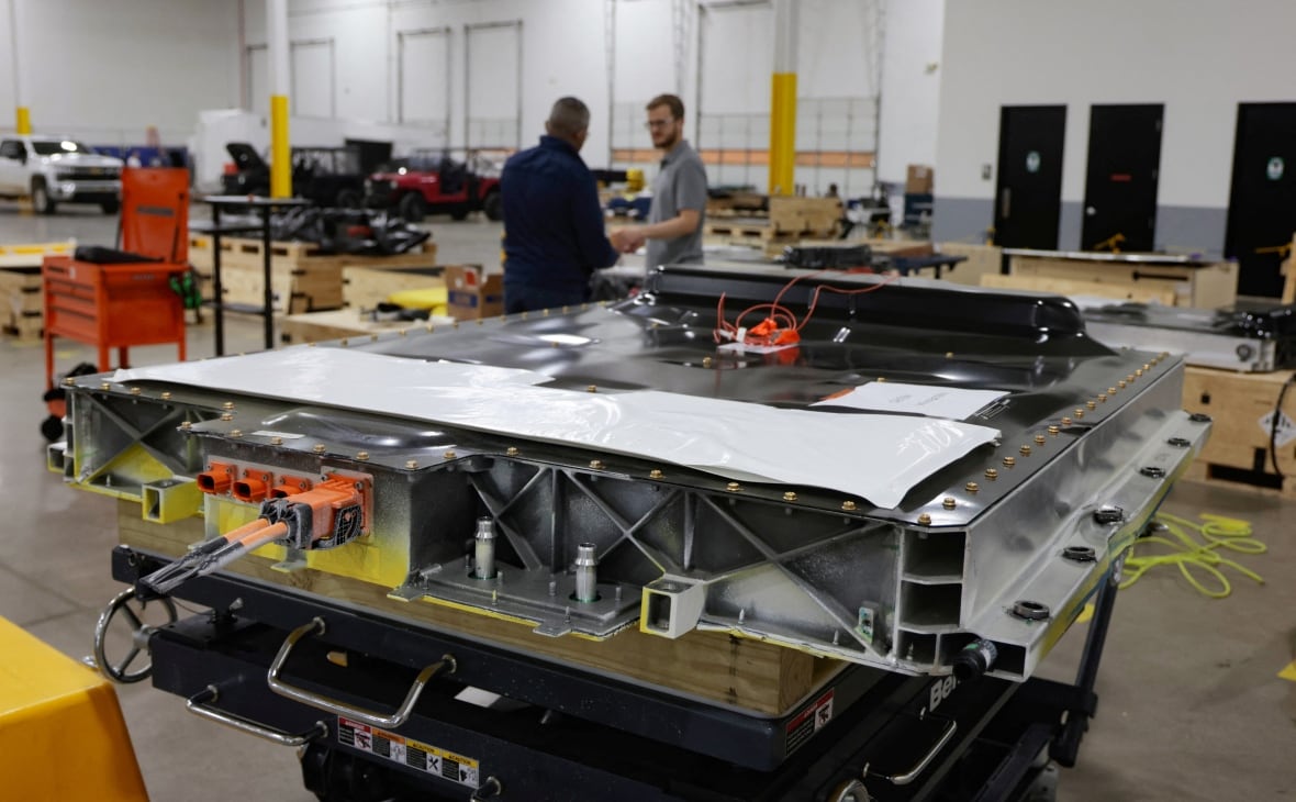 A battery pack for a Slate Auto test electric pickup truck sits in the startup's beta production facility in Orion Township, Michigan, U.S., June 6, 2025. 