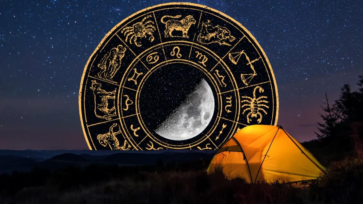 Collage of a starry night with a camping tent in the foreground. An illustrated wheel of zodiac signs with a first quarter moon in the centre sits in the background.