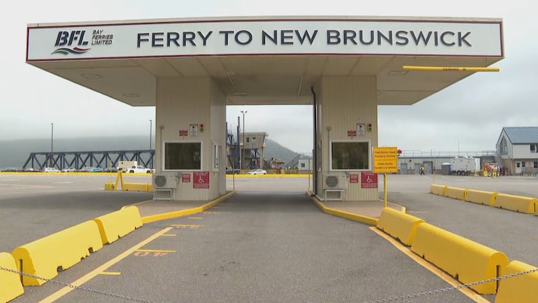 The entrance to the Digby to St. John ferry. A sign reads: Ferry to New Brunswick.