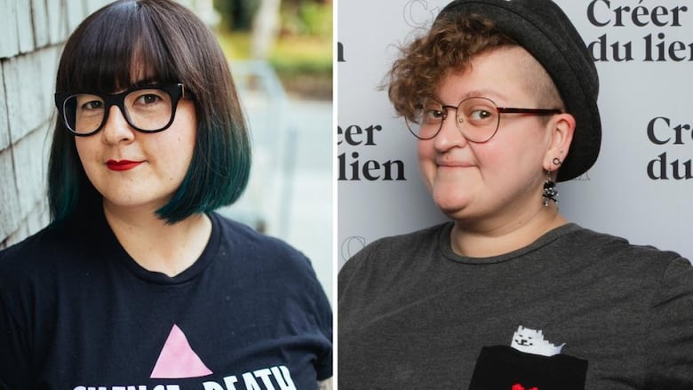 A composite of two author headshots. A woman with a black bob with bangs and green dyed tips. A woman with glasses and a partially shaved head wearing a hat.