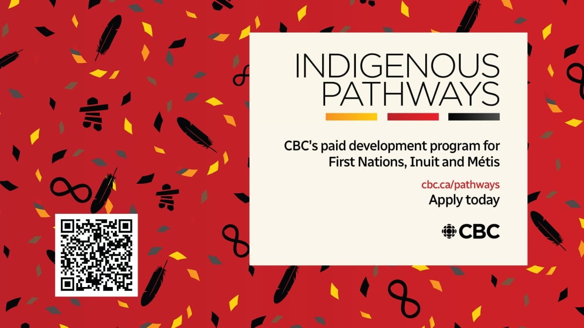 red graphic with motif of black feathers infinity symbols and yellow square shapes. Copy reads: Indigenous Pathways, Apply today at cbc.ca slash pathways, with the CBC gem logo in the bottom corner. There is a QR code in the left-hand bottom corner.