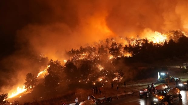 Bright orange flames and smoke against a dark sky 