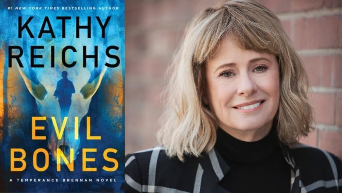 A composite of a blue book cover and an author headshot of a woman with blond shoulder length hair and bangs.