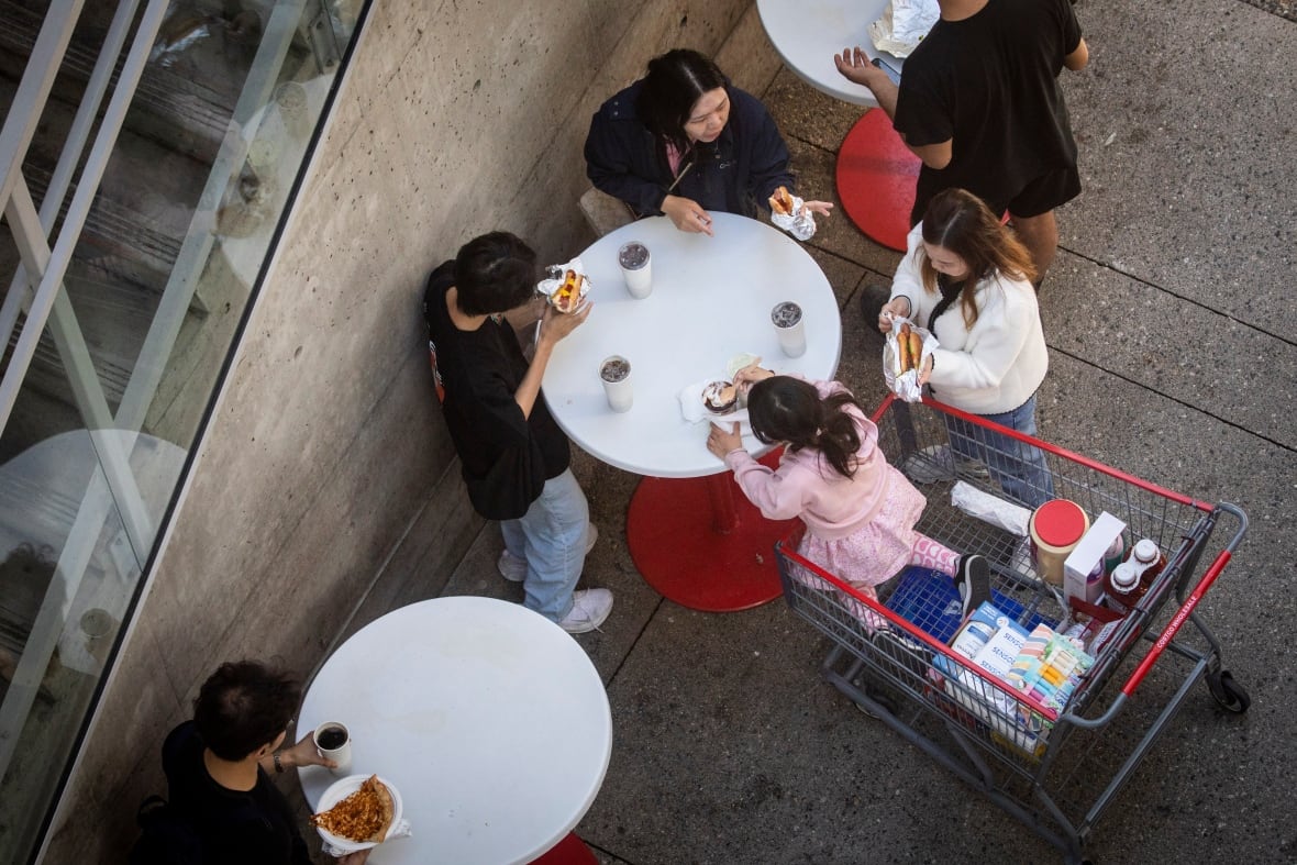 People eat outside in an aerial photo