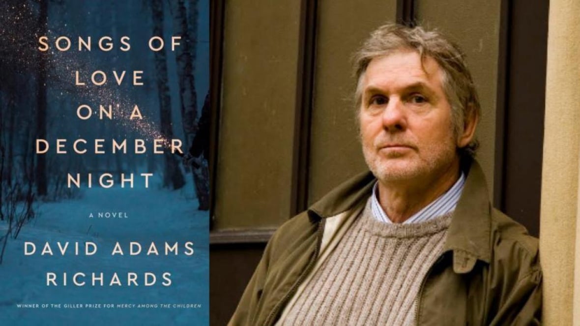 A book cover of a snowy forest at night. An author headshot of a man with grey hair in front of a wood door.