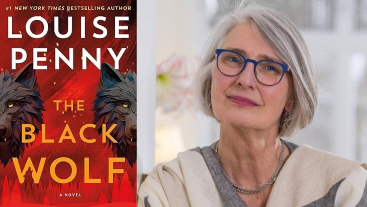 A red book cover with two wolf heads. A headshot of a woman with short grey hair and blue glasses.