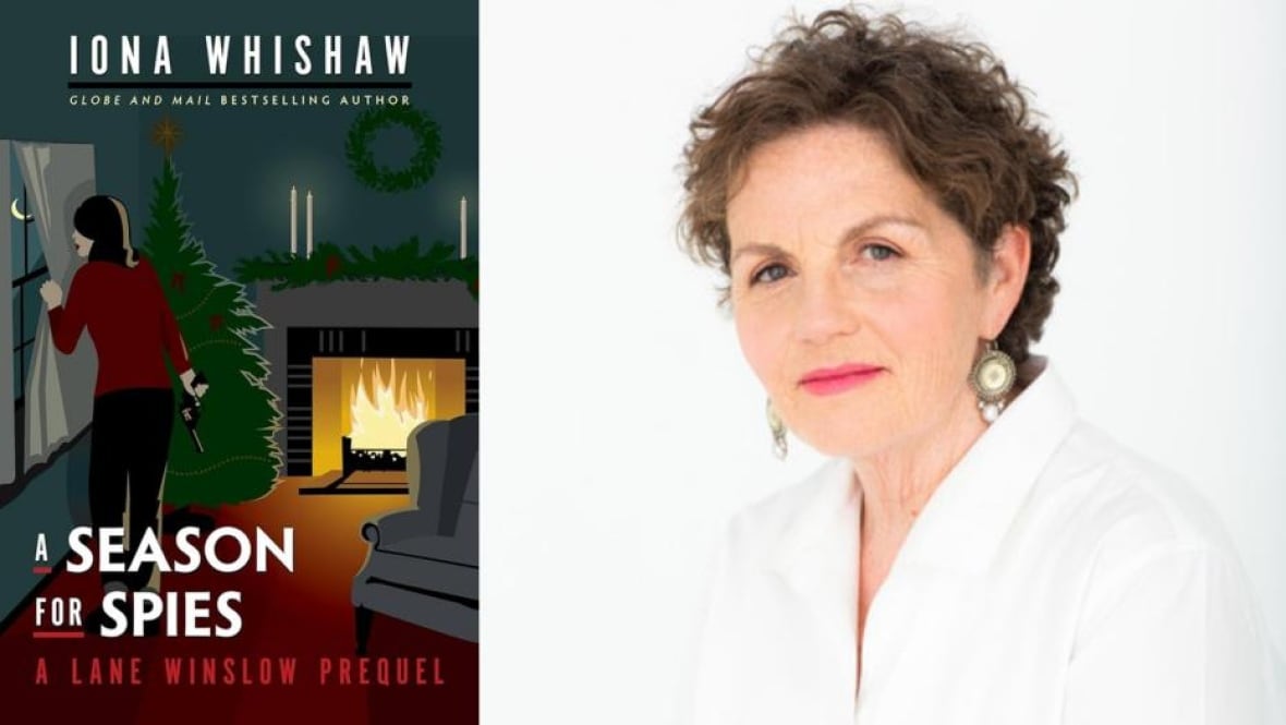 A book cover of a woman holding a gun, peeking out the window of a cozy house with a fire place and a Christmas tree. A woman with short curly hair and big circular earrings.