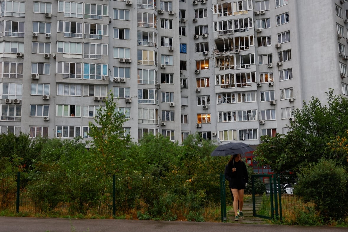 A view of a Kyiv apartment building that was damaged by a Russian drone strike.