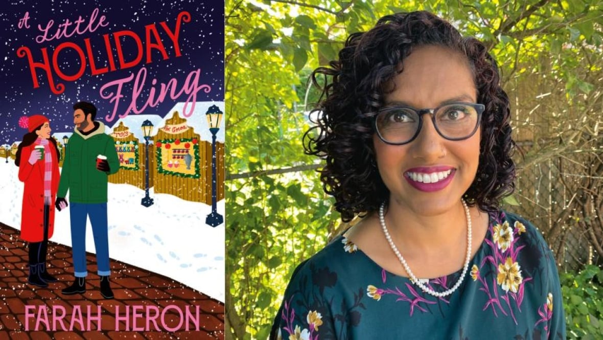A book cover of a man and a woman standing in a snowy market holding hands. A woman with curly hair and glasses smiling.