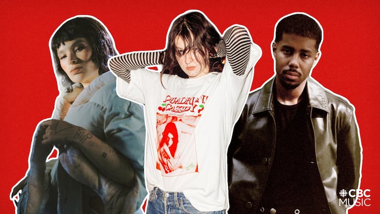 A graphic with three musicians cut out on a red background. From left to right: Saya Gray, a Japanese Canadian woman with shorter dark hair; Lou-Adriane Cassidy, a white woman with longer brown hair; and Mustafa, a Black man with close-cropped hair.